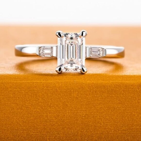 1.2cttw Emerald Cut Moissanites 3 stone D Color VVS1 Clarity Engagement Ring - Picture 3 of 6